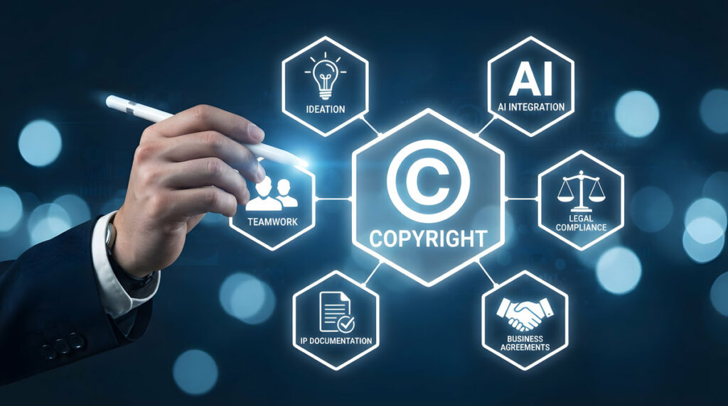 Intellectual property protection copyright ai legal compliance and business agreements concept