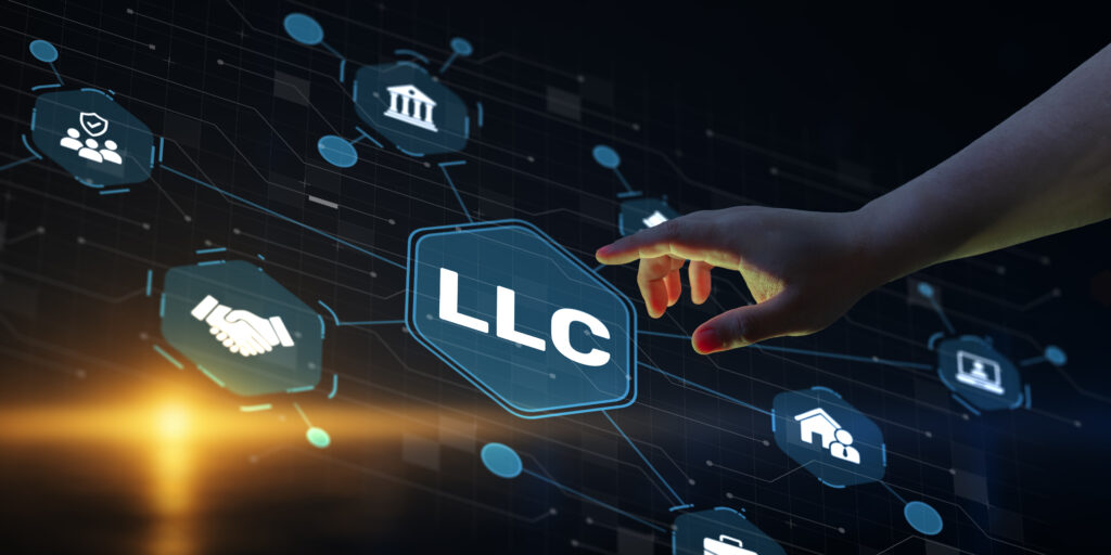 LLC limited liability company formation for business ownership and legal structure with digital interface and hand interaction