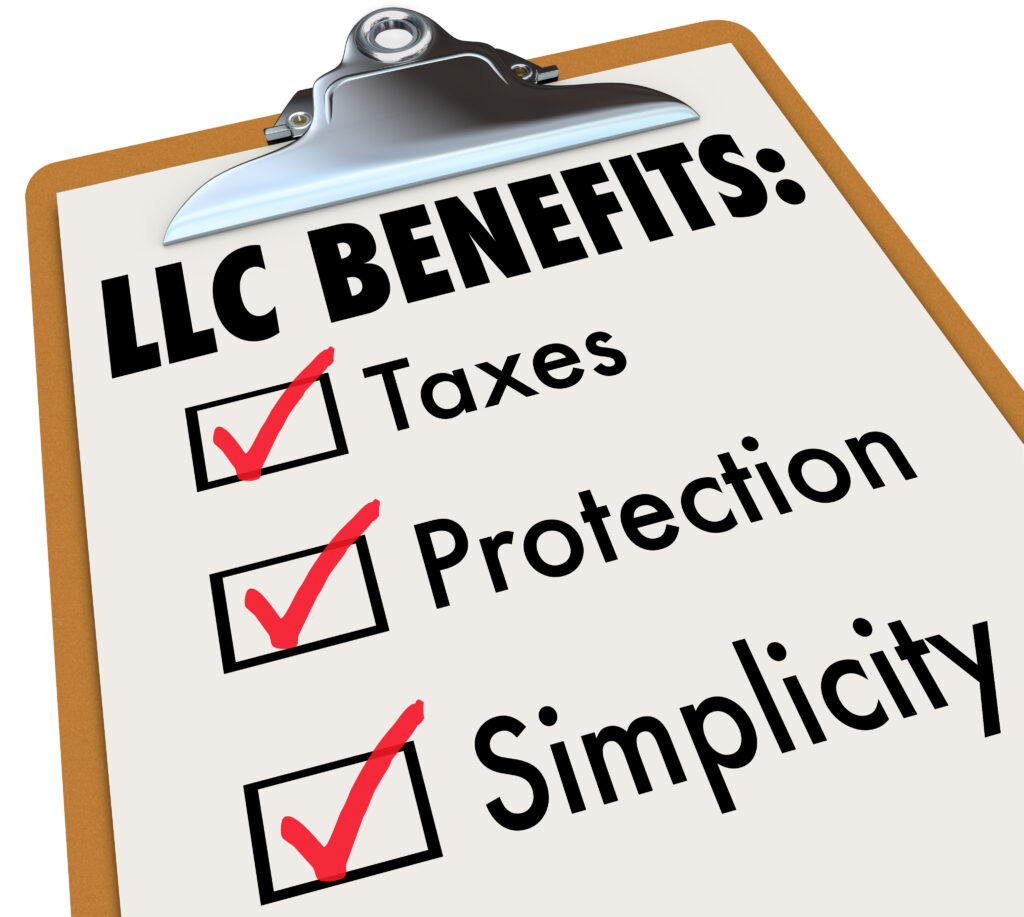 LLC Benefits list on a clipboard with checks on boxes for taxes, protection and simplicity to illustrate the good characterisitcs of a limited liability corporation for your business model